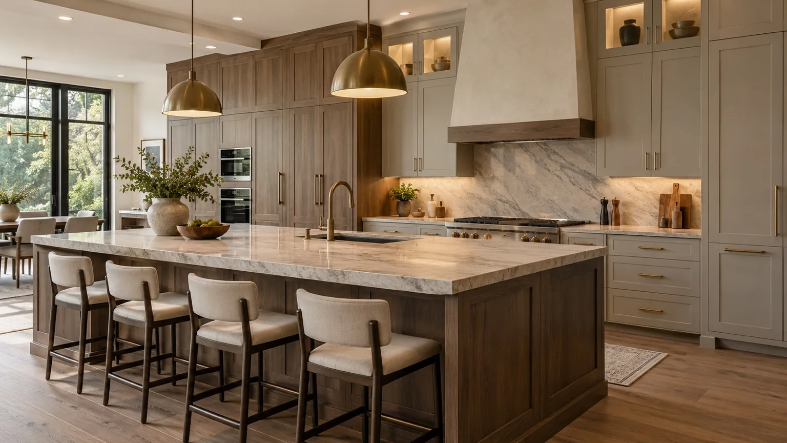 Luxury walnut kitchen cabinetry with large island