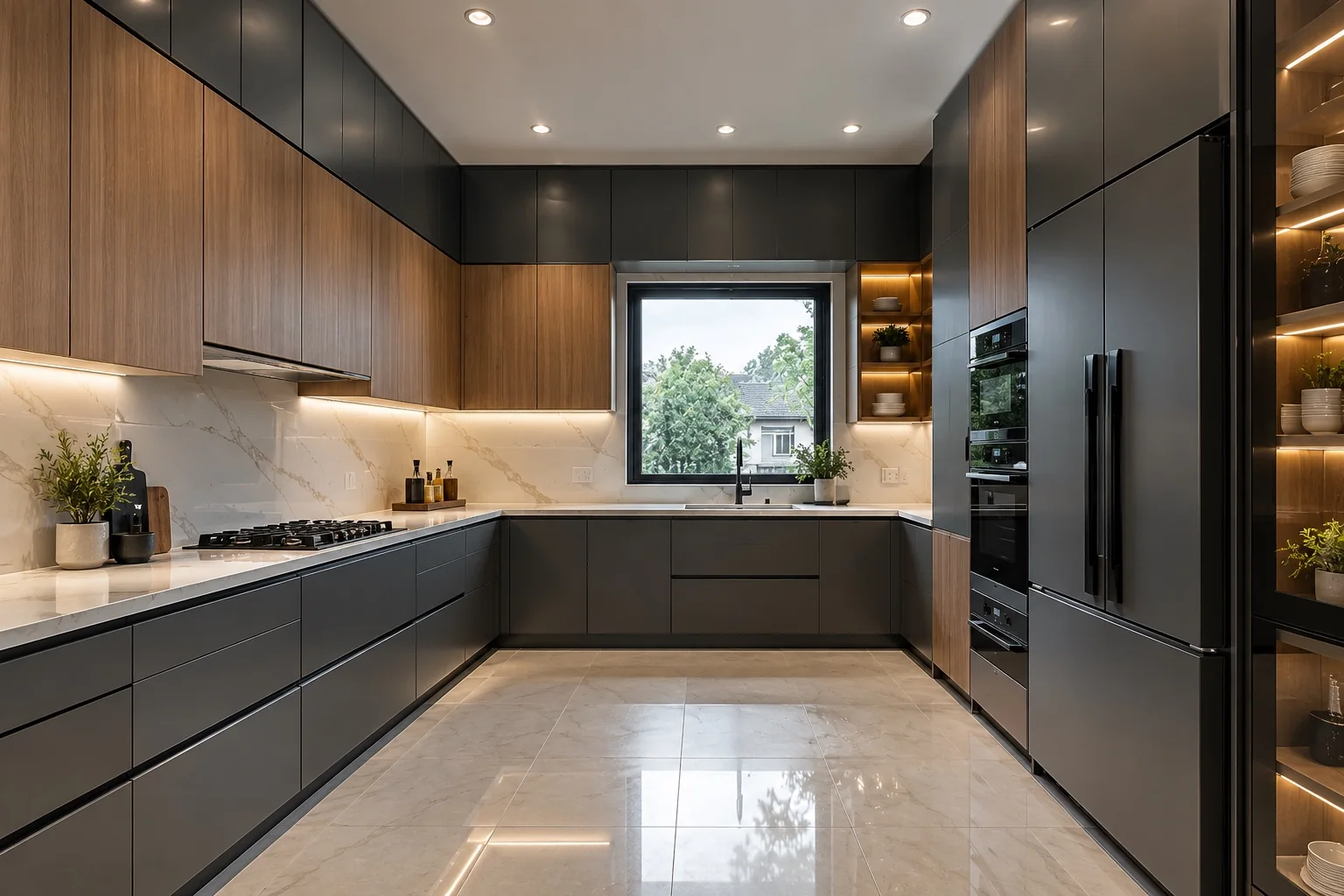 Modern U-shaped kitchen with custom wood and dark cabinetry