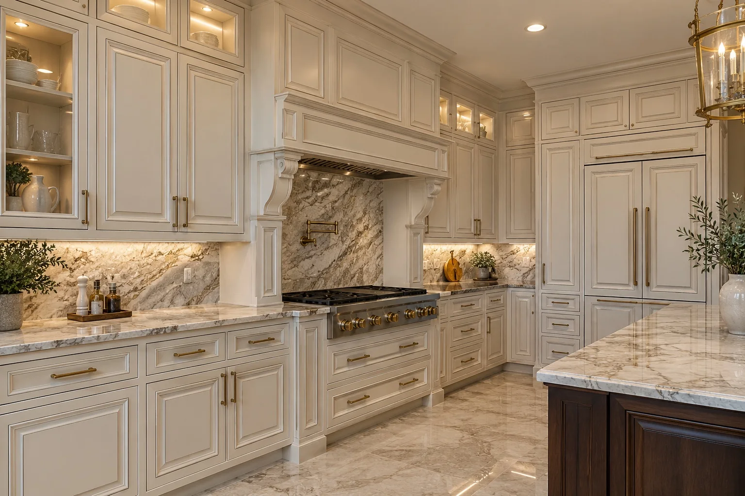 Traditional white custom kitchen cabinetry with detailed profiles