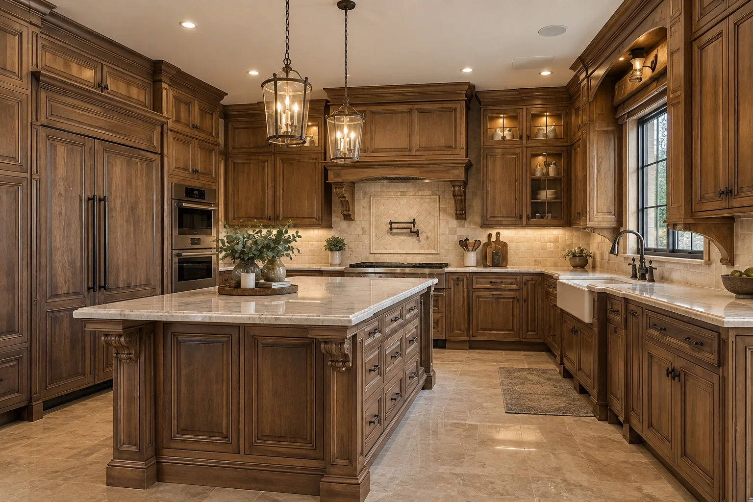 Traditional stained wood kitchen cabinetry with custom island