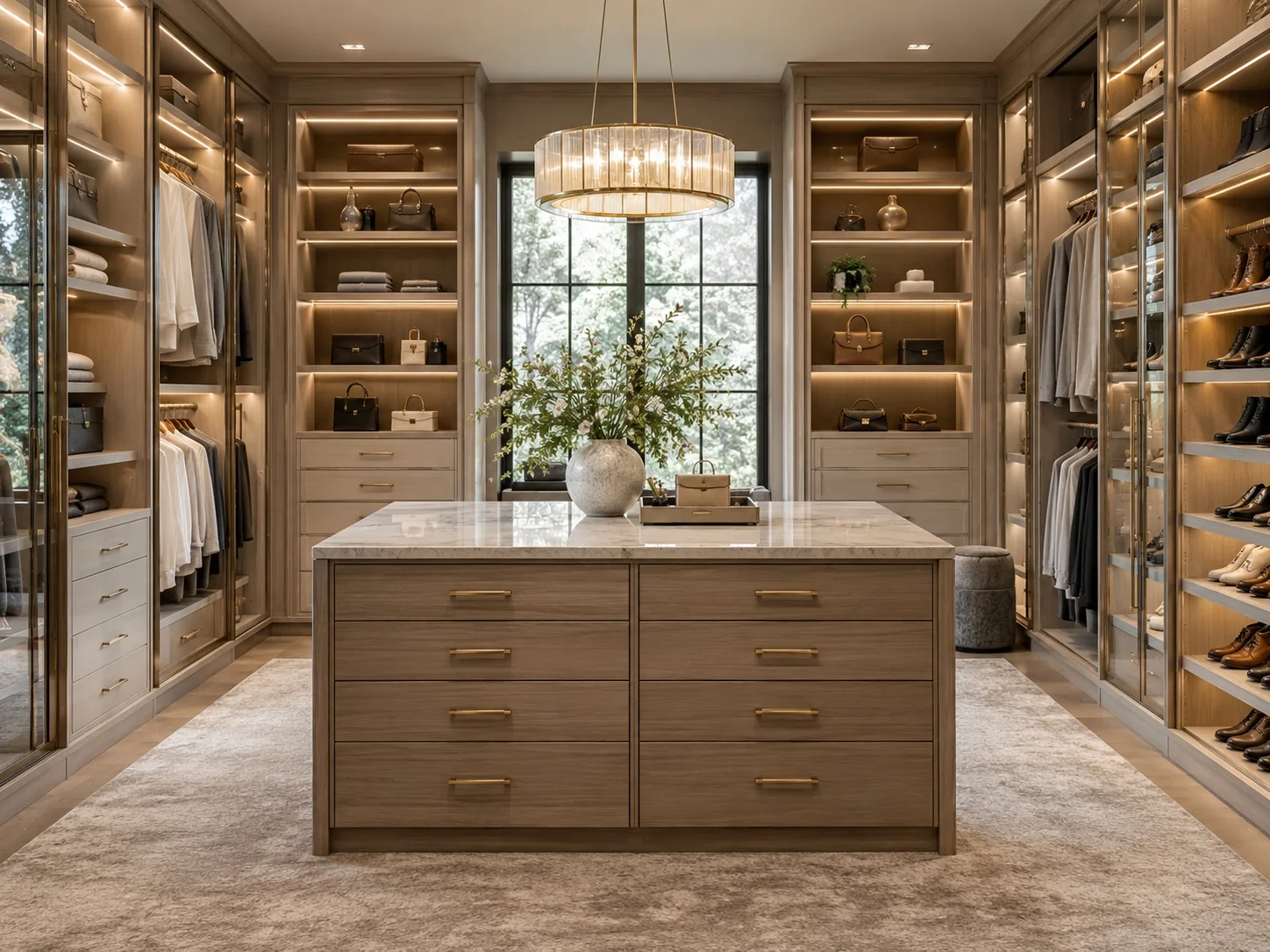 Luxury walk-in closet with display shelving, lighting and center island