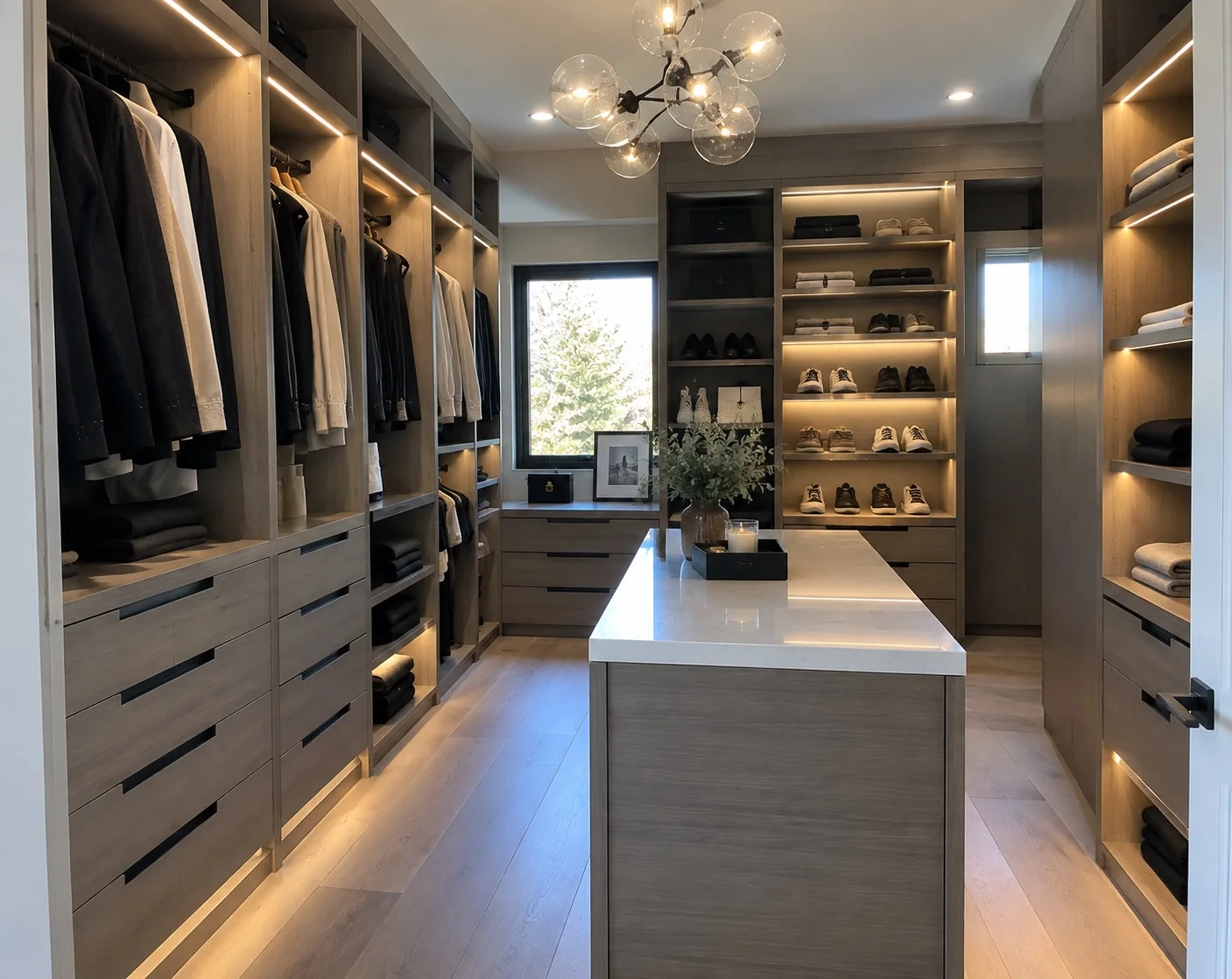 Modern walk-in closet with center island, drawers and illuminated shelving