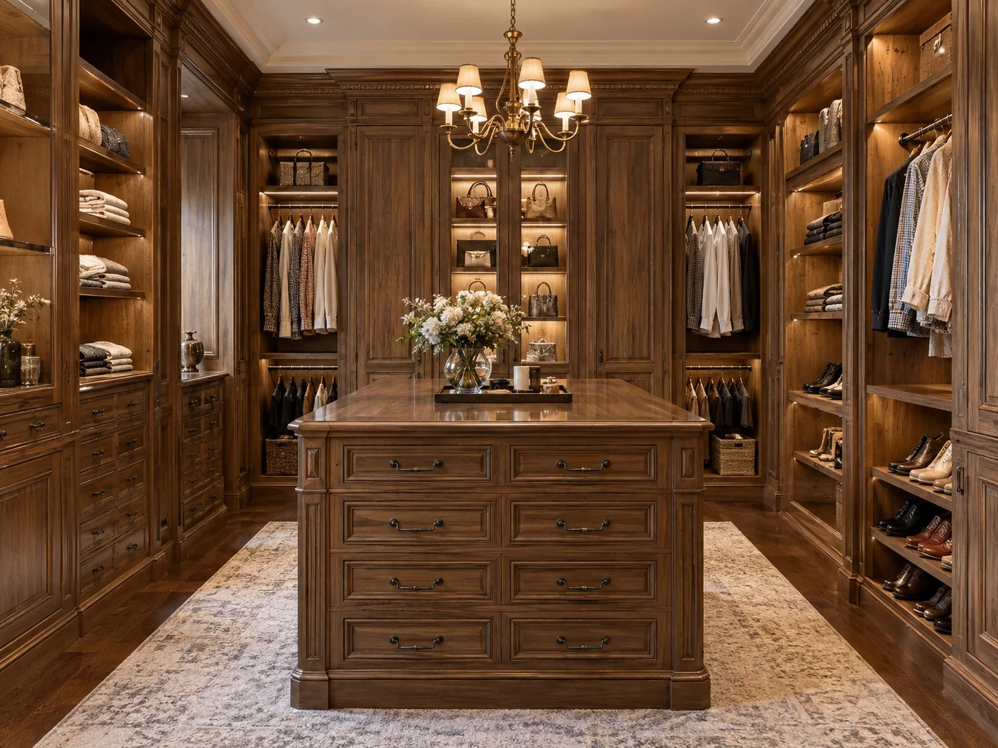 Traditional stained wood walk-in closet with detailed built-in cabinetry
