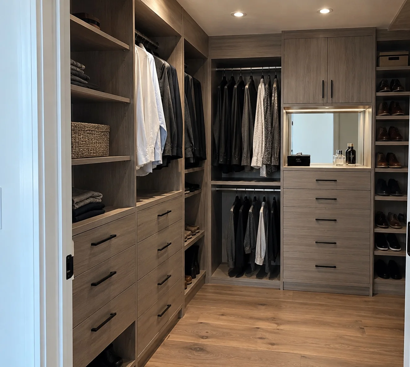 Modern custom walk-in closet with drawers, hanging storage and shoe shelving