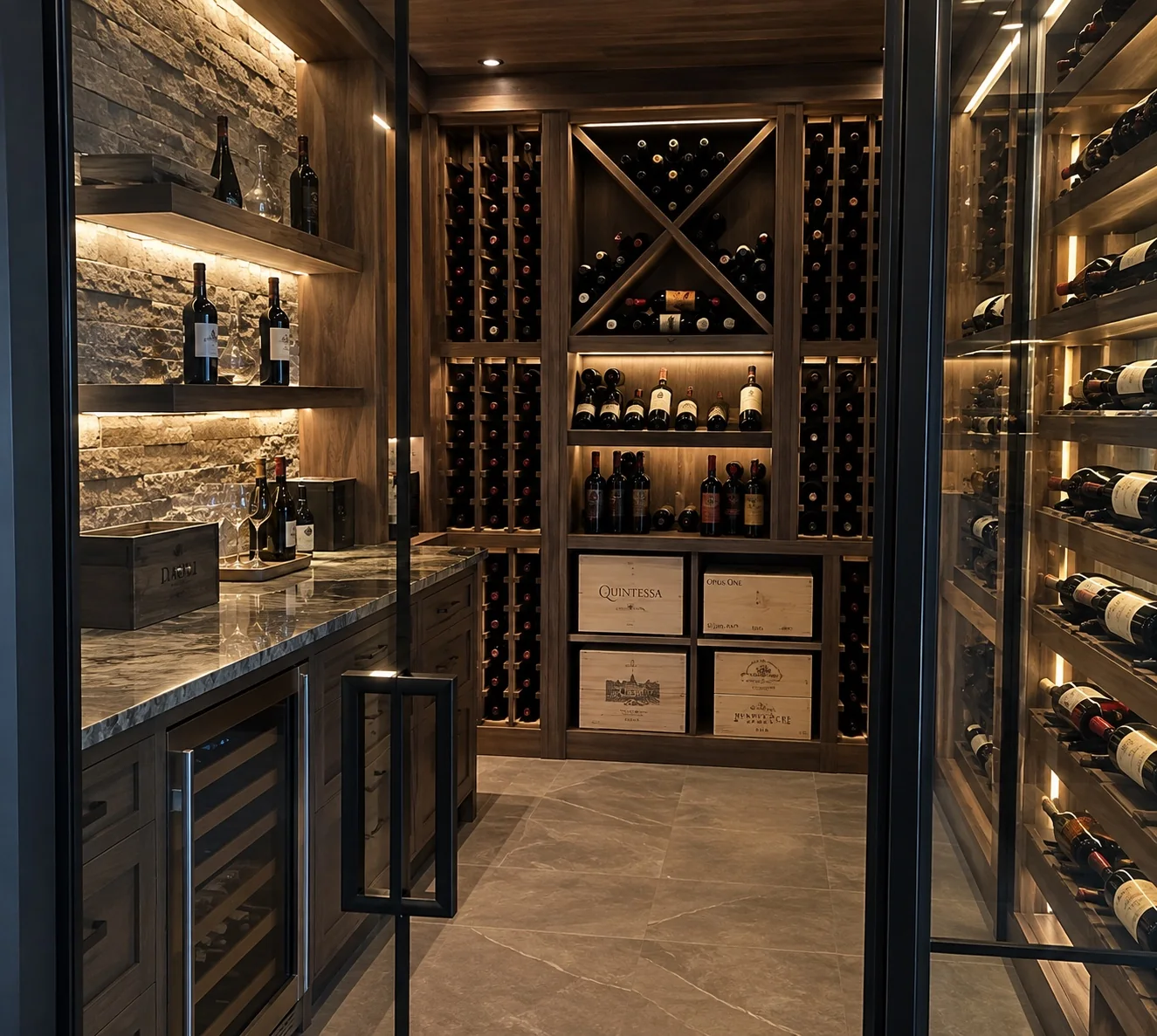 Custom wine cellar with illuminated wood bottle storage and display cabinetry